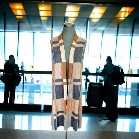 Women’s Cardigan 1775 Long Vest Plaid Open Front Cardigan Knit Sleeveless Jacket - Picture 3 of 9